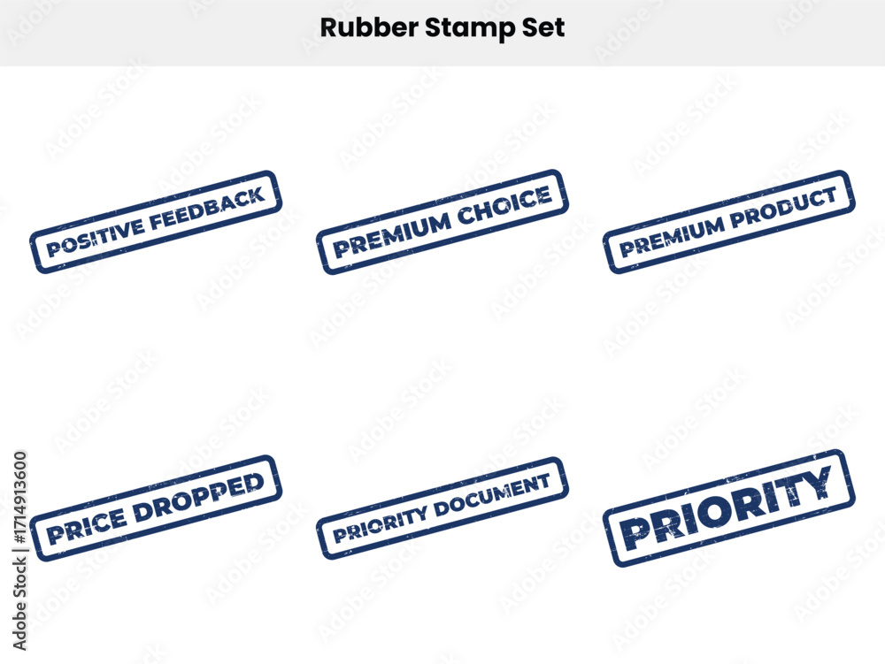 Fototapeta premium Six Grunge Blue Rubber Stamps with Text on a White Background Feedback, Priority