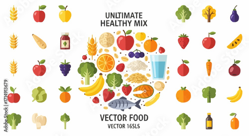 Healthy eating healthy food vector illustration with fruits vegetables grains and fish for diet nutrition and wellness use vector