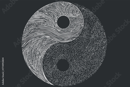 Stylized yin yang symbol showcasing balance and harmony with intricate line patterns.