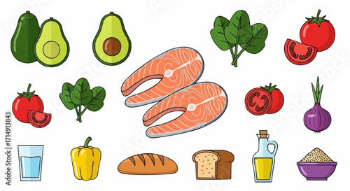 Healthy eating healthy food vector illustration featuring salmon avocado spinach tomato and other nutritious ingredients vector