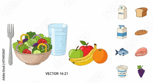 Healthy eating healthy eating balanced diet illustration with salad fruits dairy protein food and water for nutrition plan vector