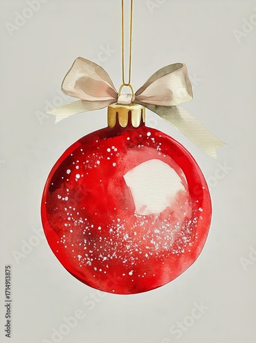 Bright Red Christmas Ornament With Glitter and a Bow Hanging Against a Soft B...