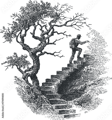 A vintage illustration depicting a man climbing stairs surrounded by a tree symbolizing growth and adventure.