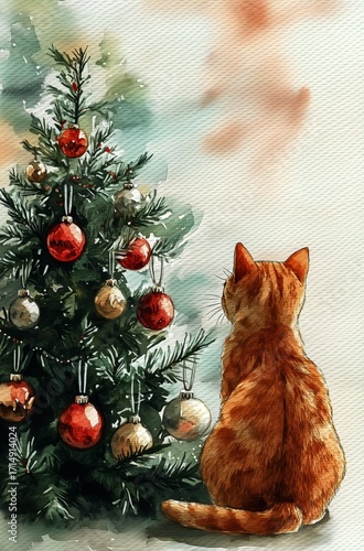 Cute Orange Cat Gazing at Christmas Tree Decorations During Winter Holiday Se...
