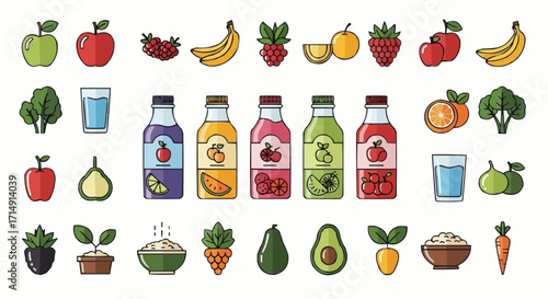 Healthy eating healthy eating concept with fruits vegetables juice and water for diet nutrition and wellness lifestyle vector