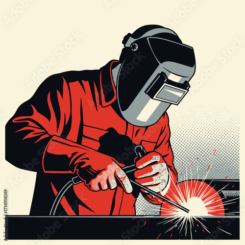 Illustration of a welder wearing protective gear and welding metal.
