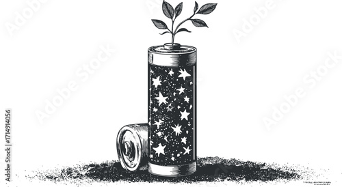 A creative illustration of a cylinder with stars and a plant emerging, symbolizing growth and potential.