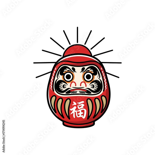 Illustration of a red Daruma doll with a determined expression and golden accents.