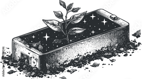 A creative illustration of a smartphone with a plant growing from it symbolizing nature and technology.