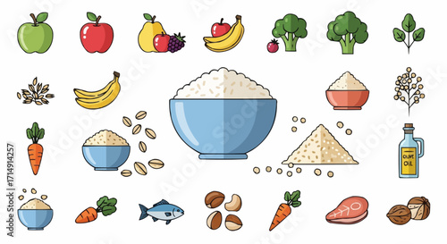 Healthy eating healthy food illustration featuring fruits vegetables grains nuts fish and olive oil for balanced diet plan vector
