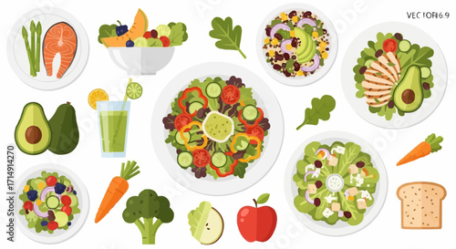 Healthy eating healthy eating salad recipes and ingredients for weight loss and diet plan vector illustration collection vector