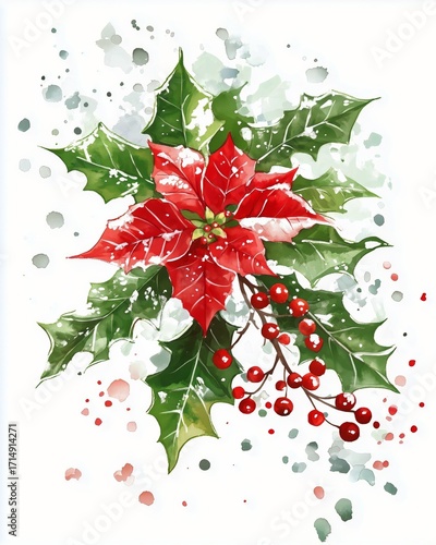 Bright Red Poinsettia and Holly Leaves With Berries for a Festive Holiday Dec...