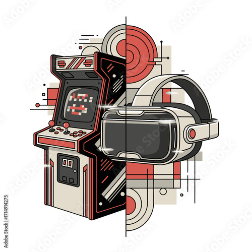 A split image showing a vintage arcade game cabinet on the left and a modern virtual reality headset on the right, symbolizing the evolution of gaming.