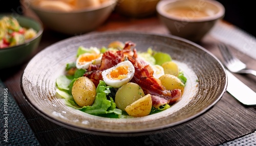 Salade Composee Oeufs Lardons Et Pommes De Terre Sautees Dans Une Assiette Creuse Gros Plan