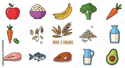 Healthy eating healthy eating food groups vector illustration featuring fruits vegetables grains protein and dairy for nutrition 100 vector