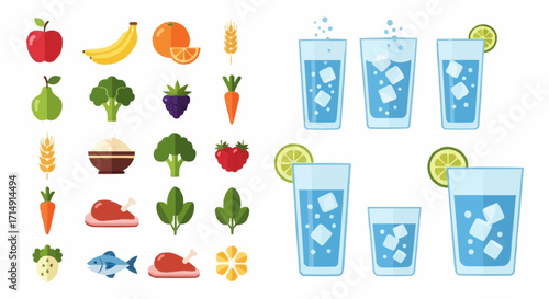Healthy eating healthy eating habits with fruits vegetables protein and water for diet and wellness nutrition lifestyle vector