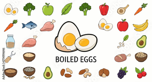 Healthy eating boiled eggs nutrition facts and health benefits of healthy food with fruits and vegetables diet plan guide vector