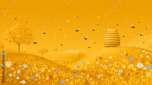 Flying honeybees over golden yellow flower field with hive background save bees awareness vector.