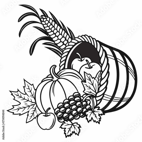 Thanksgiving cornucopia filled with pumpkins, corn, grapes, apples, and autumn leaves, traditional harvest vector design vector illustration of black and white