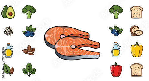 Healthy eating healthy foods diet plan nutrition guide salmon avocado broccoli nuts olive oil pepper bread blueberries diet vector