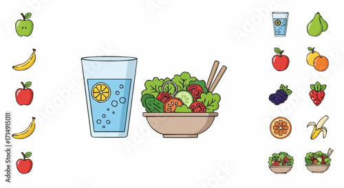 Healthy eating healthy eating habits and balanced diet concept with fresh fruits salad and water for weight loss diet plan vector