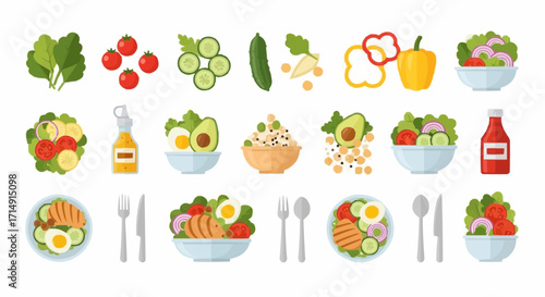 Healthy eating healthy salad ingredients and recipes for meal prep and balanced diet with fresh vegetables and protein sources vector