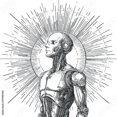 A detailed line art illustration of a futuristic robot with a radiant background.