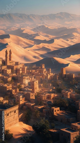 Beautiful Desert Town Surrounded by Golden Sand Dunes and Mountains at Sunset