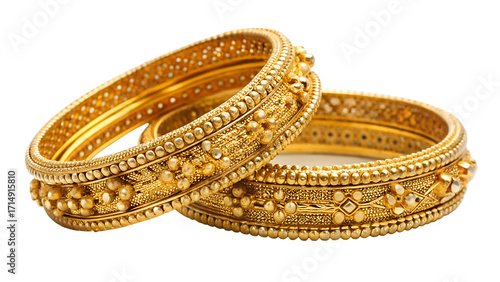 Exquisite gold bangles, traditional indian jewelry, isolated on transparent background, featuring detailed patterns and craftsmanship for cultural events and bridal wear