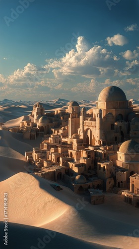 Beautiful Desert Town Surrounded by Golden Sand Dunes and Mountains at Sunset.