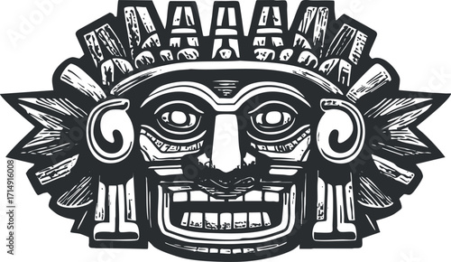 Stylized Aztec mask design representing ancient culture and mythology in a decorative illustration.