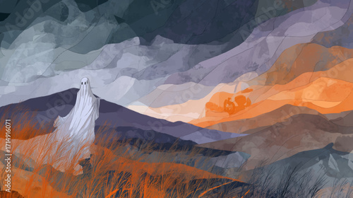 Spooky ghost wandering in layered orange twilight hills with haunted halloween countryside background.