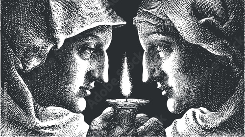 A vintage illustration depicting two women facing each other, each holding a candle with a flame.