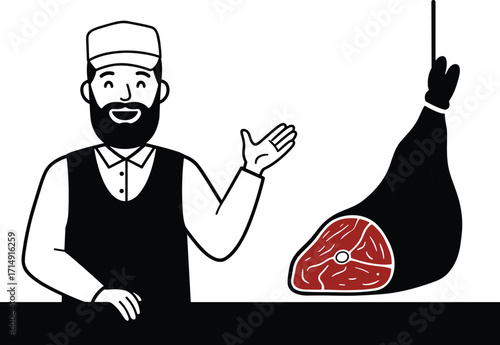 Vintage butcher shop illustration with smiling man, hanging meat, counter service, traditional food market, retro culinary profession, black white red design