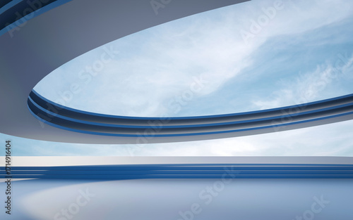 White abstract architecture background, 3d rendering. minimalist, futuristic architectural design with an empty space. Blue Sky, Abstract Geometric Shapes, Bright Light, Creative Background