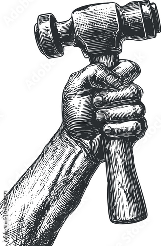 A strong hand gripping a hammer symbolizing labor and craftsmanship in construction and repair.