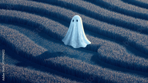 Lonely halloween ghost wandering in surreal blue maze field with eerie striped textured farmland.