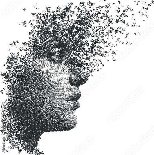 An abstract illustration of a human face composed of fragmented elements representing thoughts and emotions.