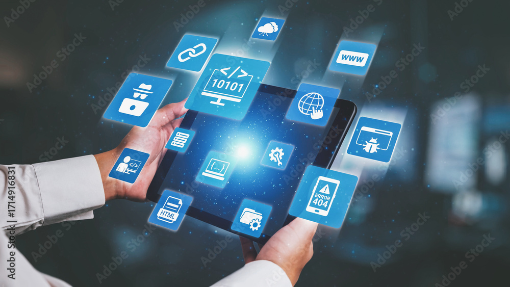 Obraz premium Software development with coding overlays, programming languages, developer tools, mobile app creation, and advanced programming for digital product development and software solutions. Spire