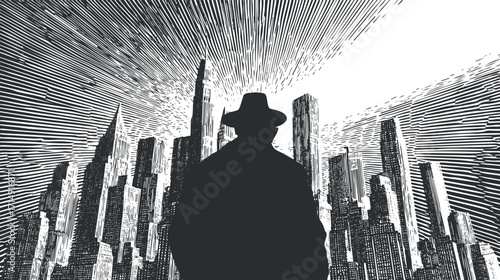 A dramatic silhouette of a detective against a stylized city skyline in black and white.