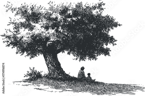 A silhouette of a parent and child sitting under a large tree in nature.