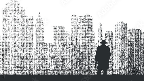Silhouette of a man overlooking a city skyline in a monochrome graphic illustration.