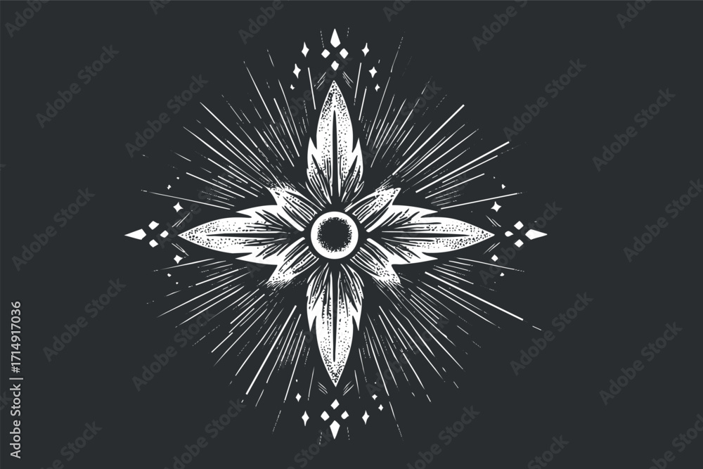 Fototapeta premium A vintage floral star design with intricate details and dynamic rays on a dark background.