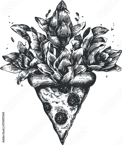A whimsical black and white illustration of a pizza slice topped with various vegetables.