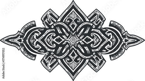 Intricate black and white ornamental design featuring symmetrical and floral elements for decoration.