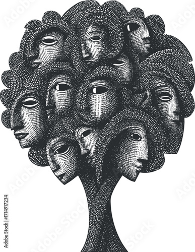 An abstract illustration of a tree composed of human faces symbolizing community and connection.