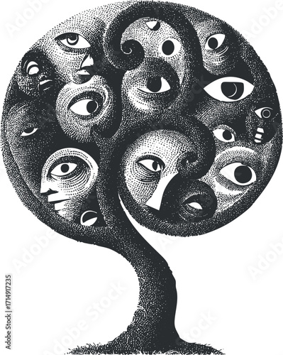 An artistic representation of a tree with human faces and eyes symbolizing connection and growth.