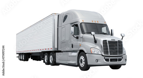 A Freightliner semi-truck, light grey cab, white ribbed trailer, chrome wheels, transparent background, soft shadow, copy space, commercial studio logistics concept