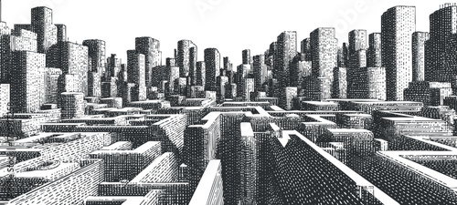 A monochrome illustration of a sprawling urban cityscape featuring intricate buildings and structures.