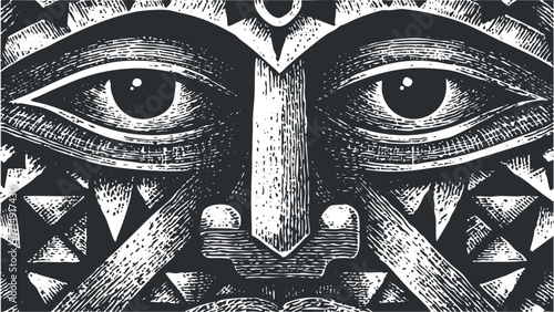 Abstract black and white illustration featuring stylized tribal face with geometric patterns and expressive eyes.